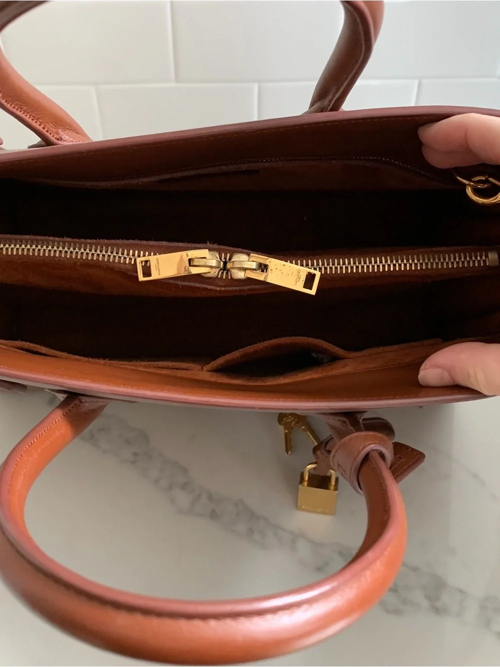 Saint Laurent Chestnut Brown Leather Sac de Jour Satchel with Gold Padlock